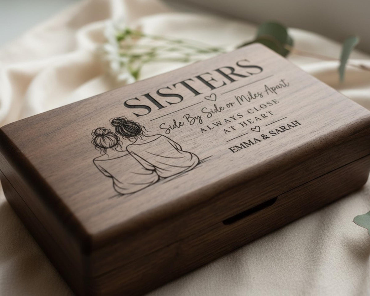 A wooden box with a personalized message engraved on it, featuring two women sitting together.