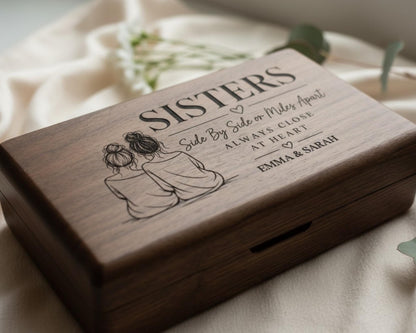 A wooden box with a personalized message engraved on it, featuring two women sitting together.