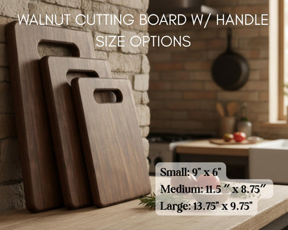 a set of three wooden cutting boards, each with a different size, displayed on a wooden countertop. The cutting boards are arranged in a row, with the largest one positioned on the right side and the smallest one on the left side. The image also includes text that provides size options for the cutting boards, including small, medium, and large sizes.