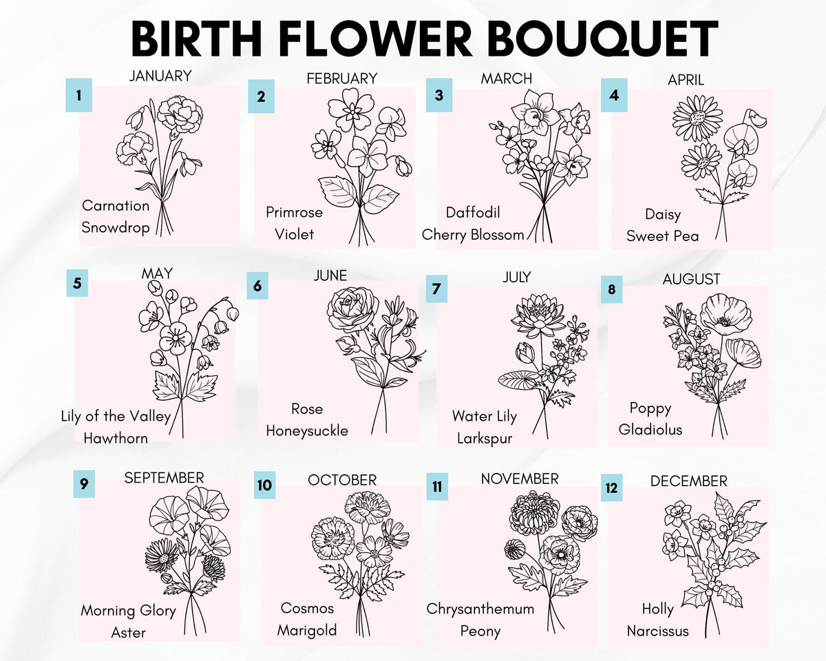 a collection of twelve different flower bouquets, each representing a different month of the year. The bouquets are illustrated in a simple, black and white style, with no additional text or descriptive phrases.
