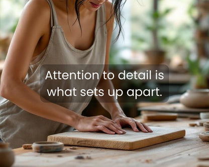 A woman is carefully crafting something on a wooden surface, with a text overlay that reads "Attention to detail is what sets up apart."