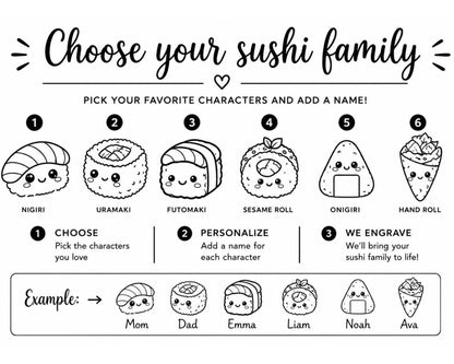 The image is a black and white illustration featuring a variety of sushi characters, including a sushi roll, a sashimi roll, and a sushi cone. The characters are accompanied by their names, such as Nigiri, Uramaki, Futomaki, Sesame Roll, Onigiri, Hand Roll, and Sashimi. The image also includes instructions for choosing and personalizing characters, as well as options for engraving a name for each character.