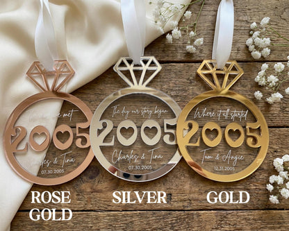 Three decorative ornaments with the year 2005, each with a unique color and design, placed on a wooden surface alongside white flowers.