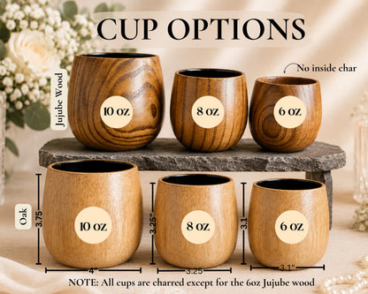 a collection of wooden cups, each with a different size and labeled with measurements. The cups are arranged in a row, with the largest cup being 10 oz and the smallest cup being 6 oz. The cups are arranged on a stone shelf, and there is a floral arrangement in the background. The image also includes text that provides additional information about the cup options, such as the cup being carved from the 602 Jujube wood.