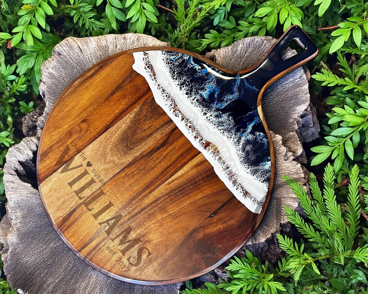 Acacia Wood  Resin Ocean Serving Board  Personalized Engraved Cheese Board  Custom Charcuterie Wedding Gift