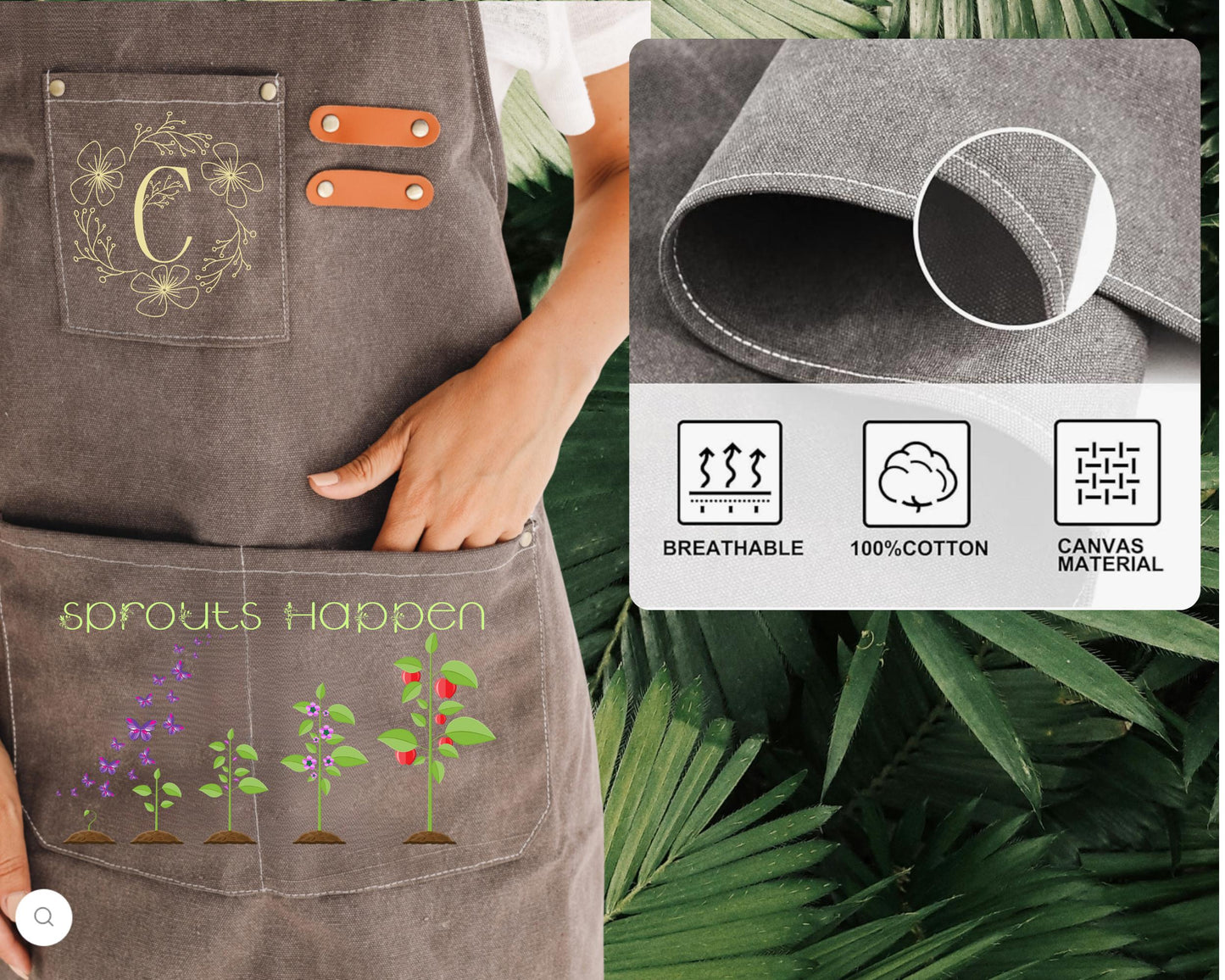Personalized "Sprouts Apron" Gardening Canvas Apron, Monogram Apron, Gardening Apron with Adjustable Straps, Garden Apron with Pockets