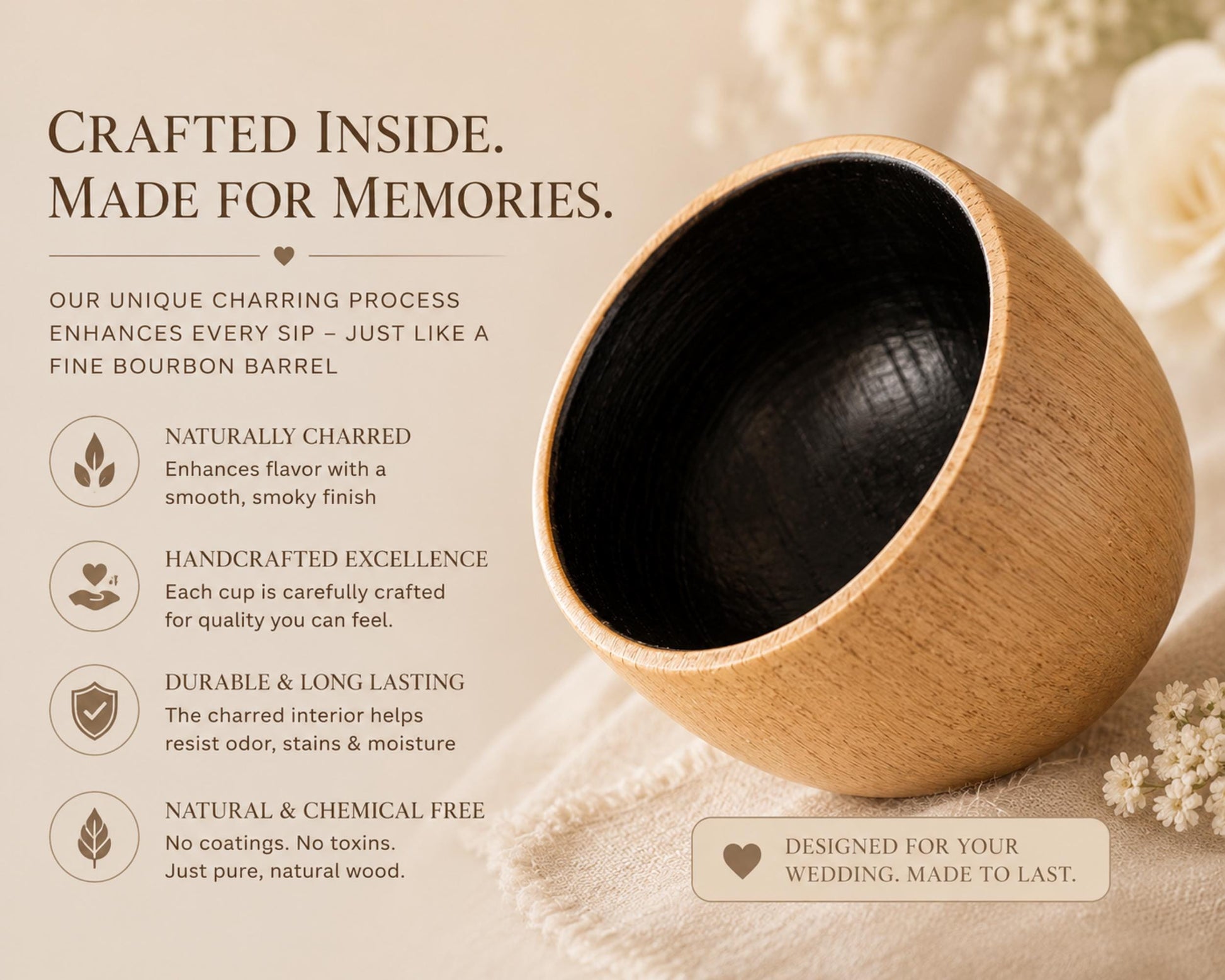 a wooden cup with a black interior, placed on a beige background. The cup has a unique design and is described as a "crafted inside" made for memories.