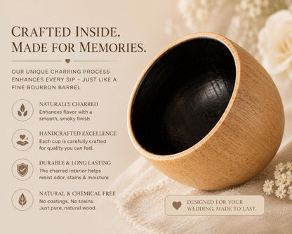 a wooden cup with a black interior, placed on a beige background. The cup has a unique design and is described as a "crafted inside" made for memories.