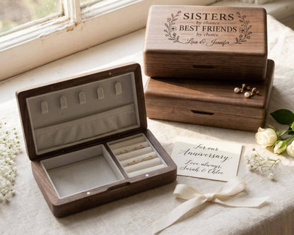 a wooden jewelry box with a note inside, placed on a table with white flowers.