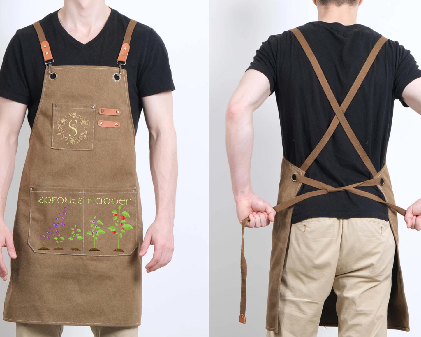 Personalized "Sprouts Apron" Gardening Canvas Apron, Monogram Apron, Gardening Apron with Adjustable Straps, Garden Apron with Pockets