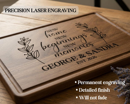 A wooden cutting board with a personalized engraving on it.