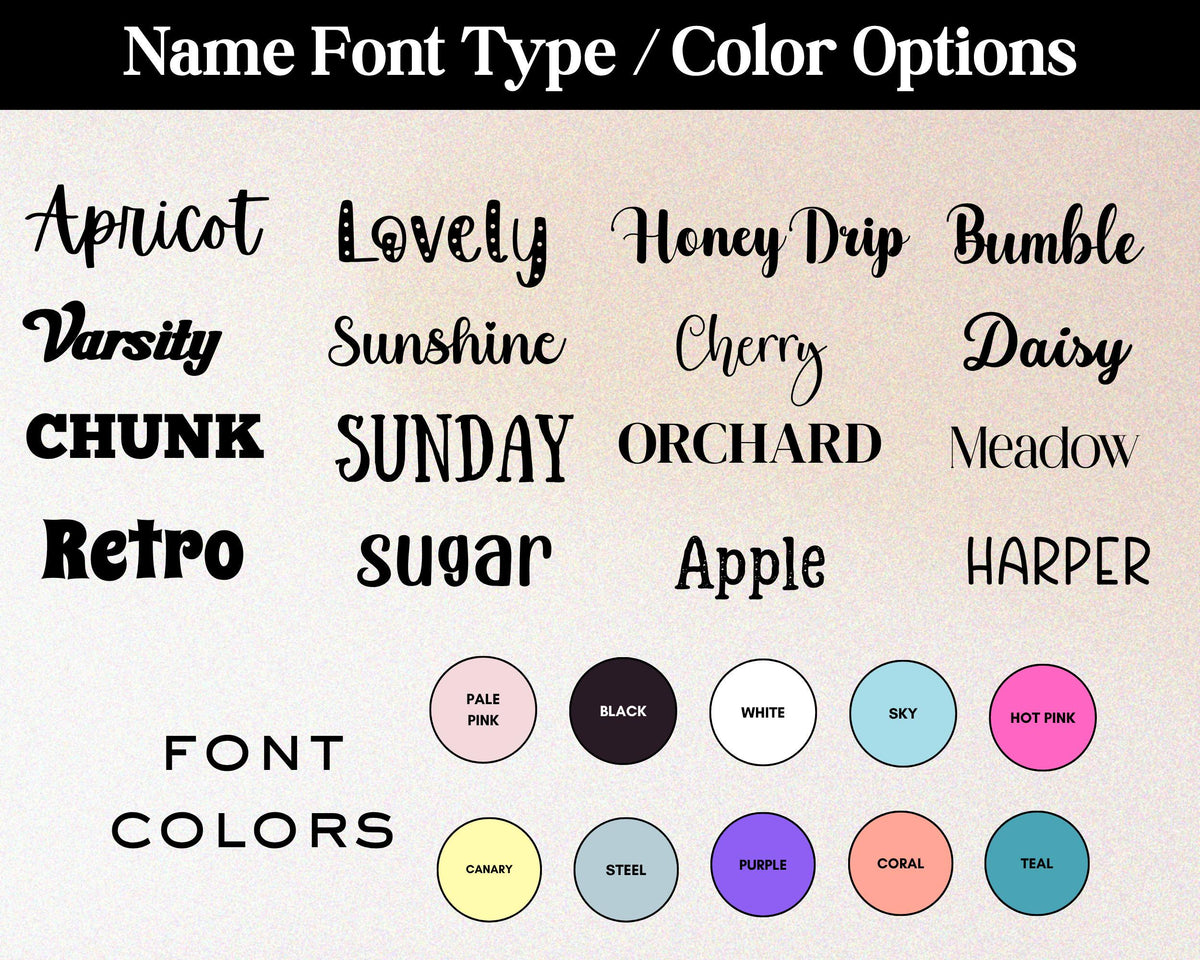 a collection of various name font types and color options, including cursive, sans-serif, and vintage styles, along with their corresponding colors.