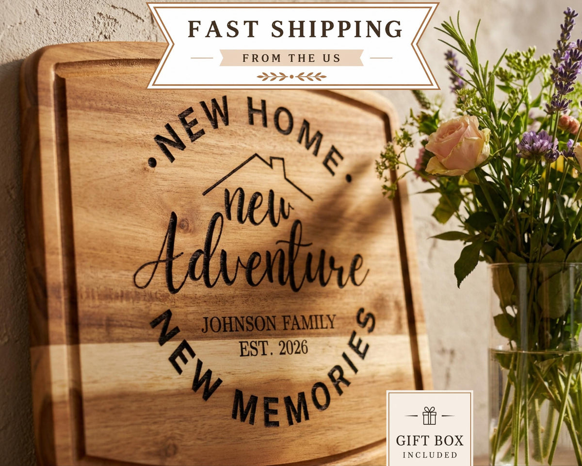 a wooden cutting board with the text "NEW HOME Adventure Johnson Family Est. 2026" engraved on it, along with a vase of flowers and a banner that reads "FAST SHIPPING FROM THE US".