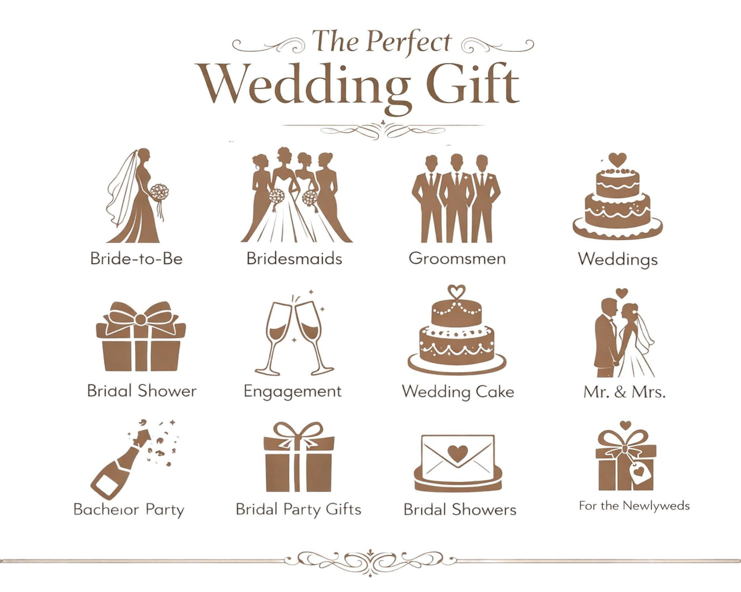 a collection of icons representing various wedding-related items and activities, including a bride and groom, bridesmaids, groomsmen, weddings, a bridal shower, engagement, a wedding cake, a gift, a bridal party, bridal showers, and a bachelor party.