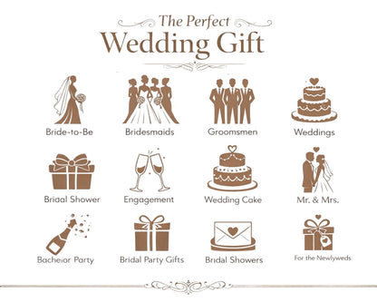 a collection of icons representing various wedding-related items and activities, including a bride and groom, bridesmaids, groomsmen, weddings, a bridal shower, engagement, a wedding cake, a gift, a bridal party, bridal showers, and a bachelor party.
