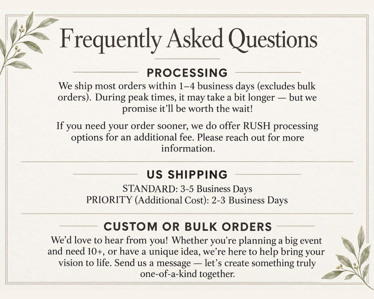 Answers to common questions about processing, US shipping and custom or bulk orders