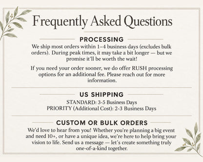 Answers to common questions about processing, US shipping and custom or bulk orders