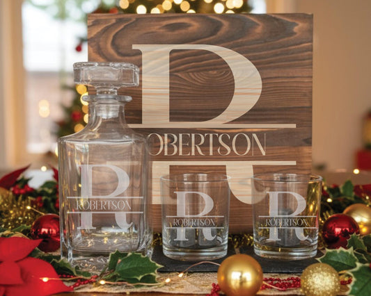 Engraved Whiskey Decanter - Luxury Whiskey Decanter Set With Custom Monogram, Glasses & Coasters