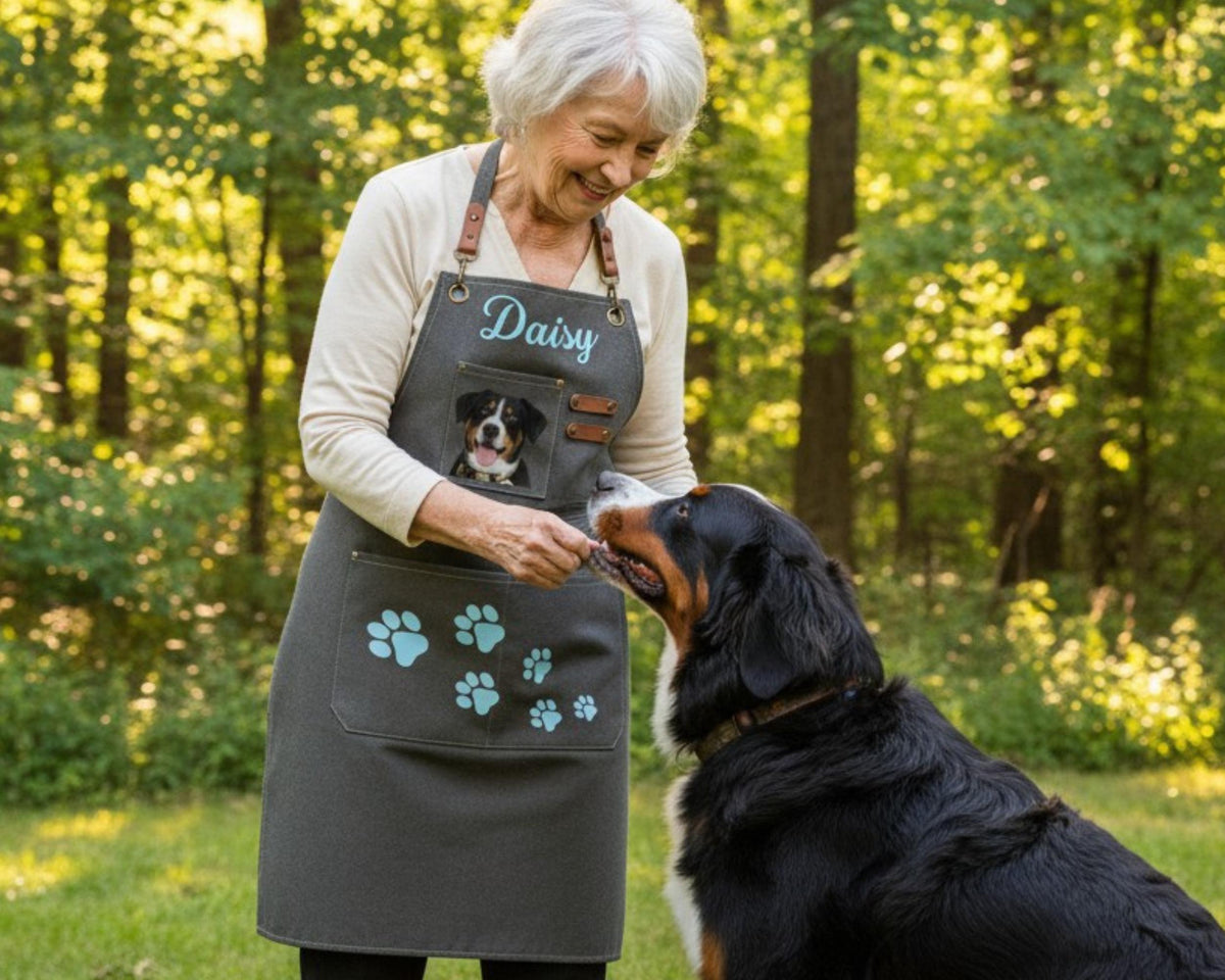 An elderly woman wearing a gray apron with a dog's paw print design is feeding a large black dog in a wooded area.