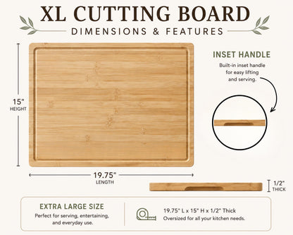 The image is an advertisement for an XL Cutting Board, providing dimensions and features of the board.