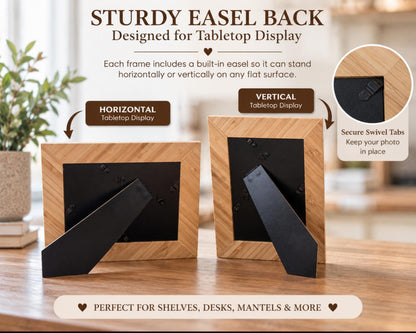 two wooden picture frames, one designed for a tabletop display and the other for a vertical tabletop display. The frames have a sturdy, built-in back that allows them to stand horizontally or vertically on any flat surface. The image also includes a close-up view of the back of the frame, highlighting the secure swivel tabs that keep the photo in place. The image is described as perfect for shelves, desks, mantels, and more, indicating that these frames can be used in various settings.