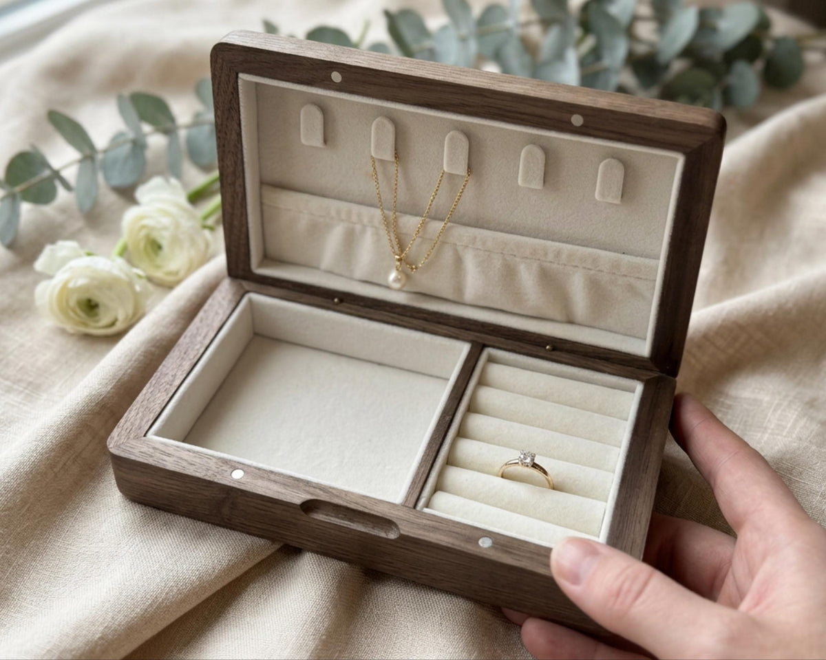 A wooden jewelry box with a compartment for storing rings and a compartment for storing necklaces, placed on a beige fabric background with white flowers.
