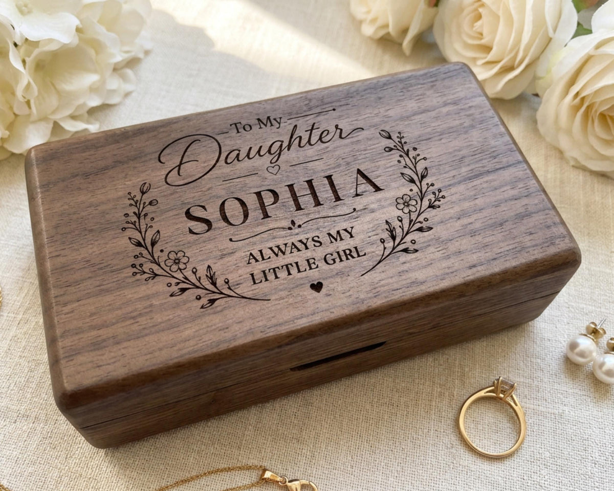 A wooden box with a personalized message engraved on it, surrounded by flowers and jewelry.