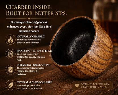 The image is an advertisement for a wooden whiskey cup, highlighting its unique charing process, handcrafted excellence, durability, and chemical-free design.