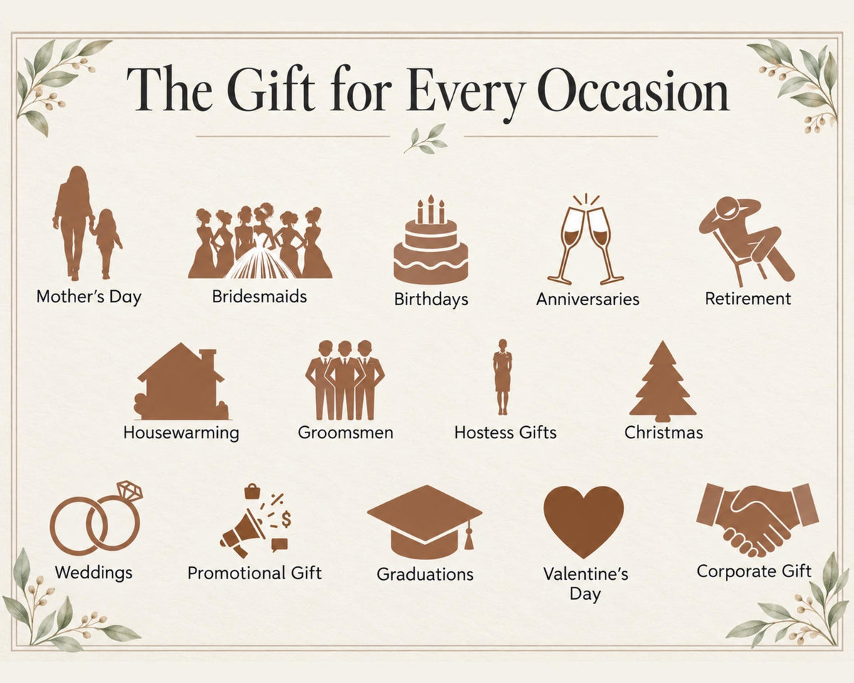 Occasions we personalize gifts for, including weddings, birthdays, housewarmings, Christmas and graduations