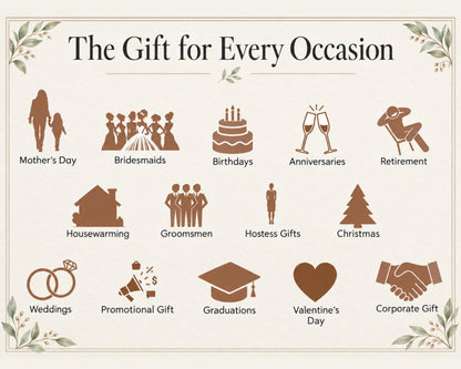 Occasions we personalize gifts for, including weddings, birthdays, housewarmings, Christmas and graduations