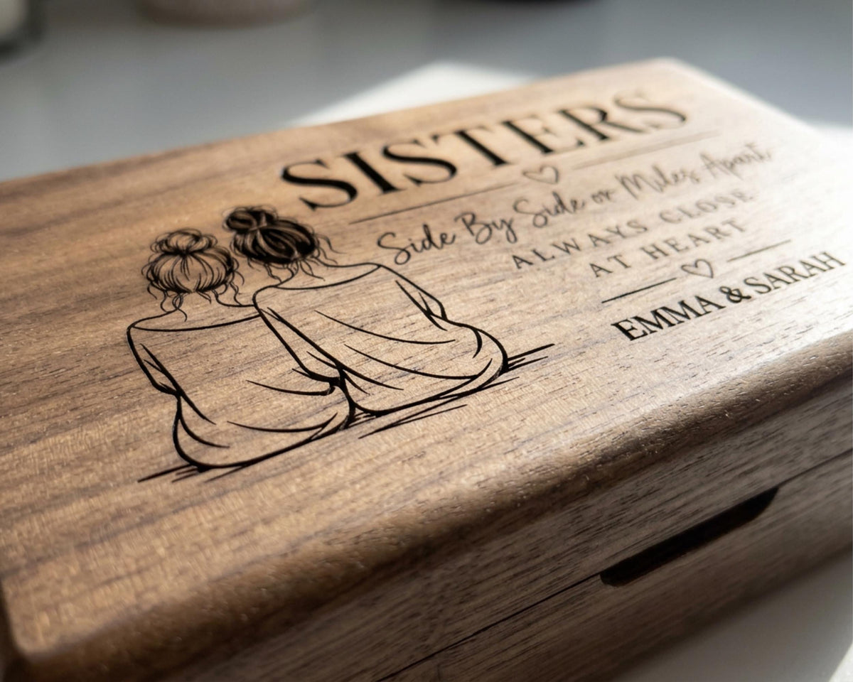 A wooden box with a carved design featuring two women sitting together, accompanied by the text "Sisters Side By Side Or Miles Apart Always Close At Heart Emma & Sarah".