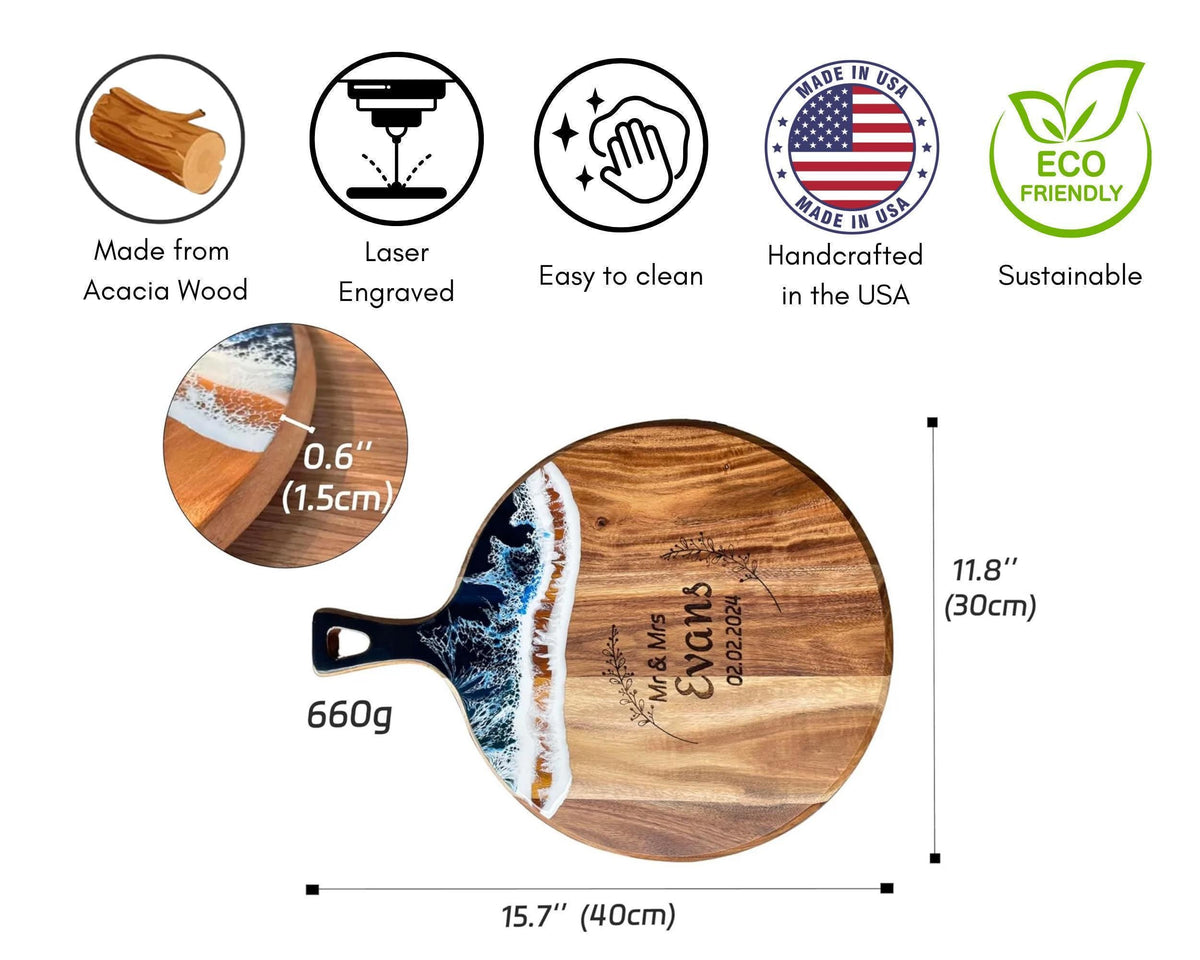 The image is a product image for a wooden cutting board with a wave-like design. It features a close-up of the cutting board, along with various descriptions and measurements.