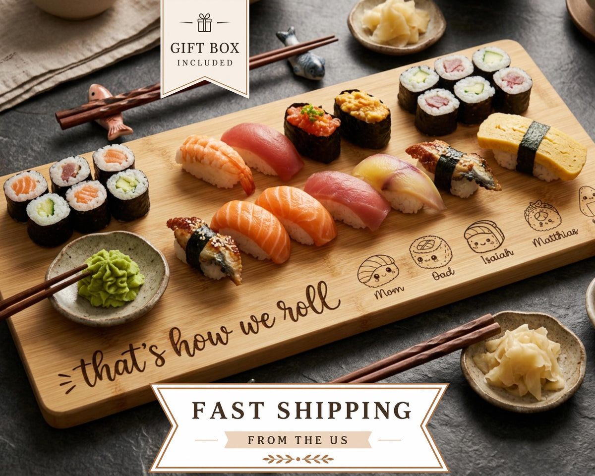 a wooden cutting board with various sushi rolls and other Japanese dishes, accompanied by chopsticks and a gift box.