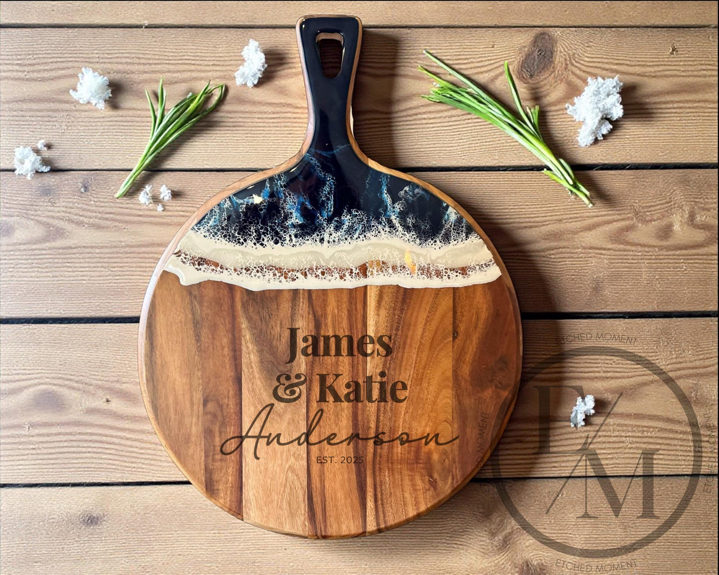 Acacia Wood  Resin Ocean Serving Board  Personalized Engraved Cheese Board  Custom Charcuterie Wedding Gift
