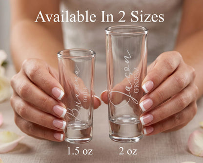 A person's hands holding two shot glasses, one smaller and one larger, with the text "Available In 2 Sizes" above them.
