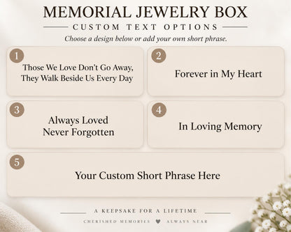 a memorial jewelry box with custom text options for memorializing loved ones. The box allows users to choose from a list of phrases, such as "Those We Love Don't Go Away, They Walk Beside Us Every Day," "Forever in My Heart," "Always Loved Never Forgotten," and "Your Custom Short Phrase Here." The box also encourages users to add their own short phrases, emphasizing the importance of personalizing the memorialization process.