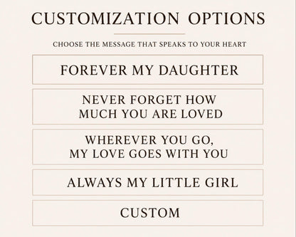 a list of customizable messages that can be used to express love and appreciation for someone. The messages include "Forever My Daughter", "Never Forget How Much You Are Loved", "Wherever You Go, My Love Goes With You", and "Always My Little Girl". These messages are designed to convey heartfelt emotions and personal connections, allowing the recipient to choose a message that speaks to their relationship with the person being expressed.