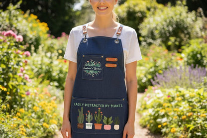A woman wearing a navy canvas gardening apron with a personalized pocket design, standing in a flower garden