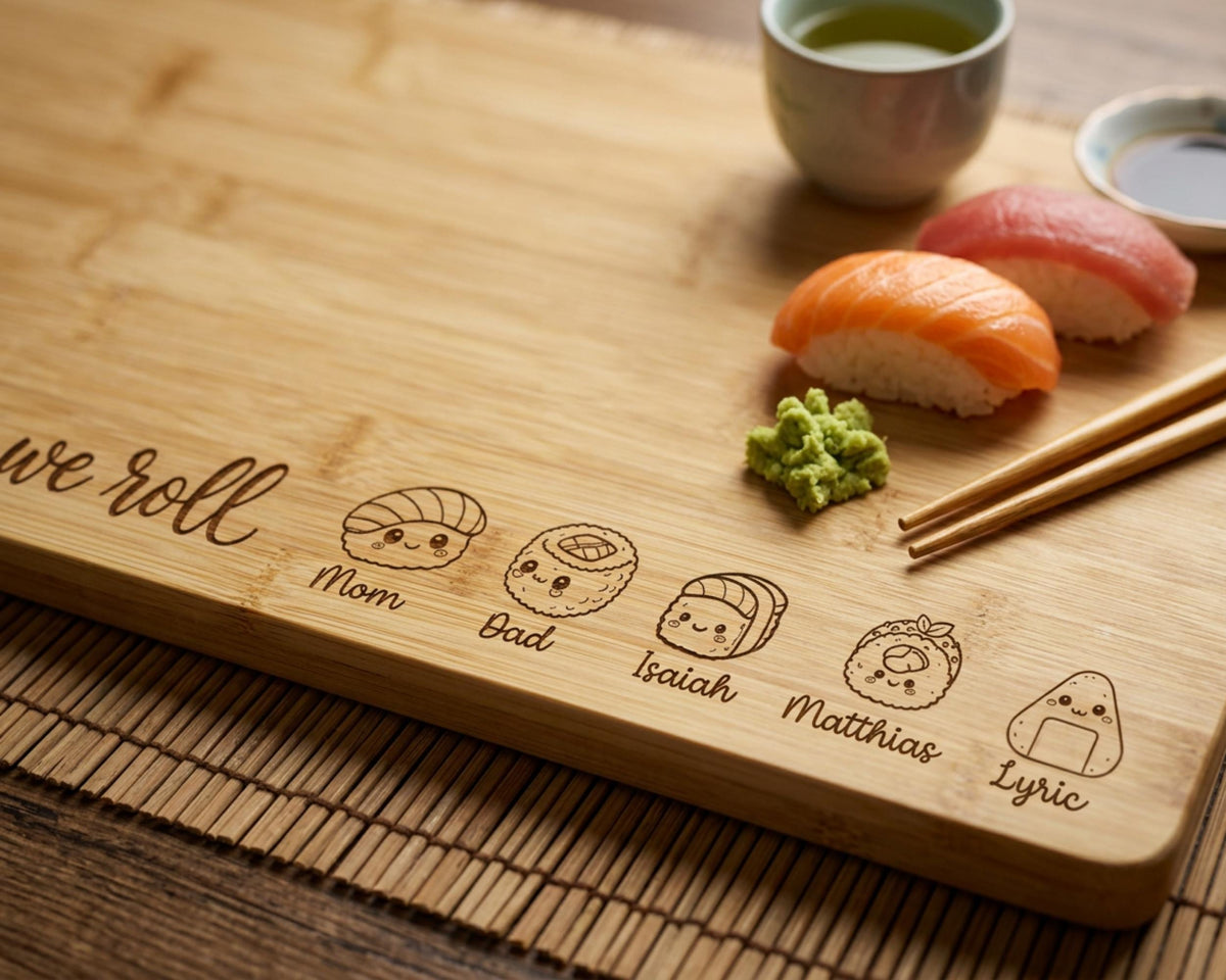 A wooden cutting board with a bamboo mat, featuring a variety of sushi rolls and a cup of green sauce.