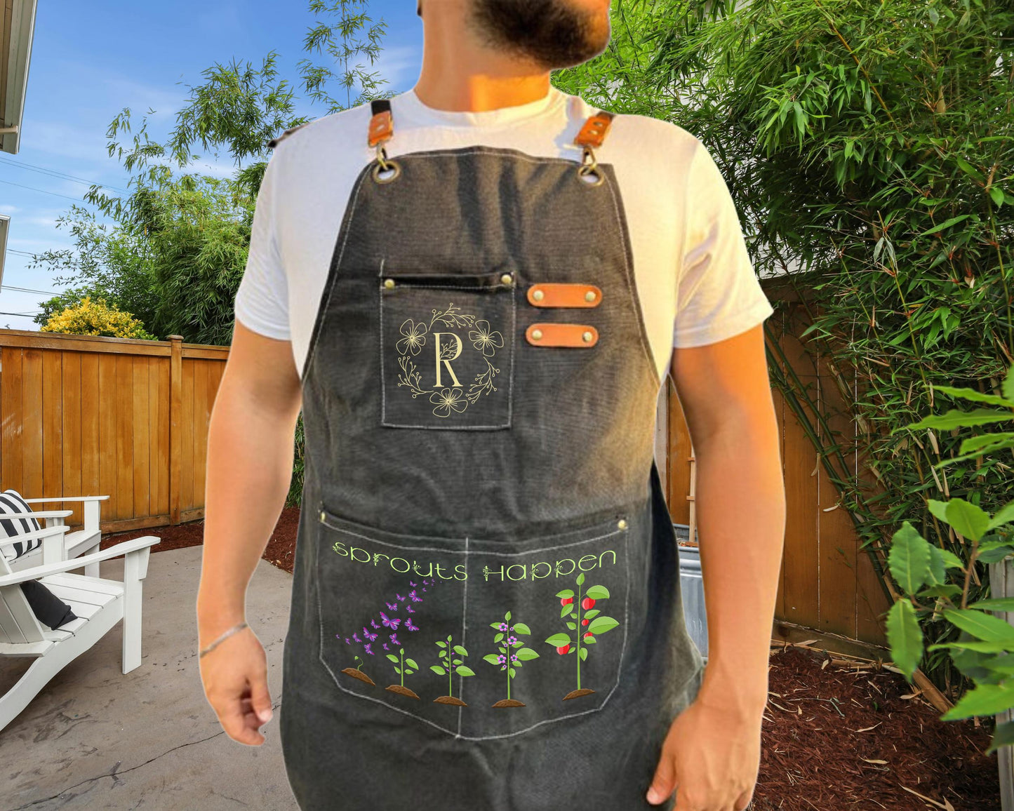 Personalized "Sprouts Apron" Gardening Canvas Apron, Monogram Apron, Gardening Apron with Adjustable Straps, Garden Apron with Pockets