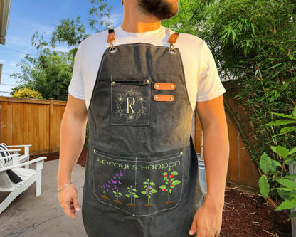 Personalized "Sprouts Apron" Gardening Canvas Apron, Monogram Apron, Gardening Apron with Adjustable Straps, Garden Apron with Pockets