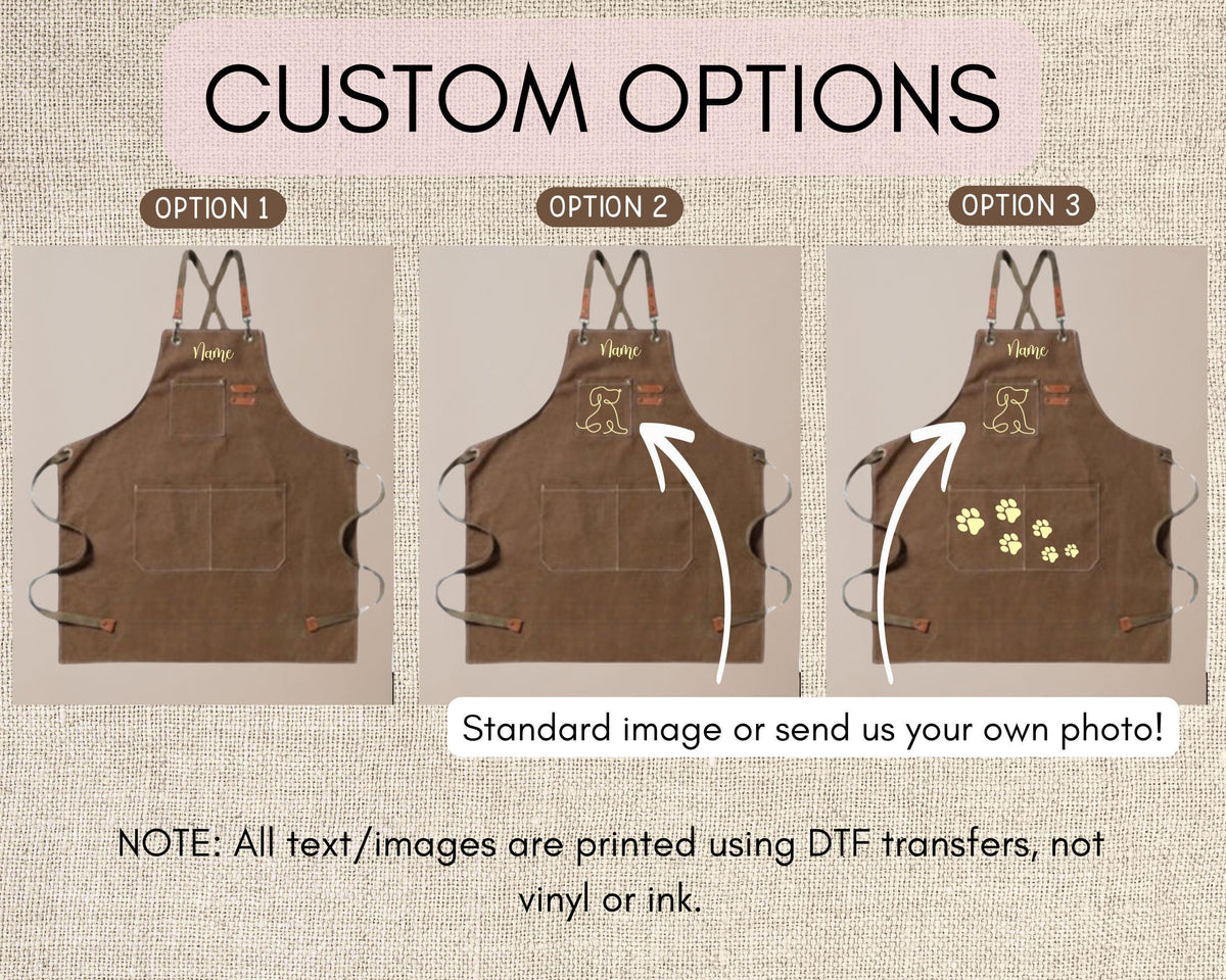 The image is a collage of three images showing different options for customizing a brown apron. The first image shows the standard design, the second image shows a personalized design with a dog, and the third image shows a personalized design with paw prints.