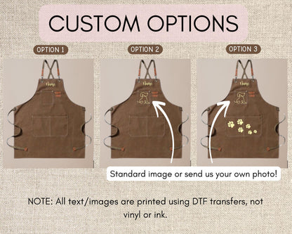 The image is a collage of three images showing different options for customizing a brown apron. The first image shows the standard design, the second image shows a personalized design with a dog, and the third image shows a personalized design with paw prints.