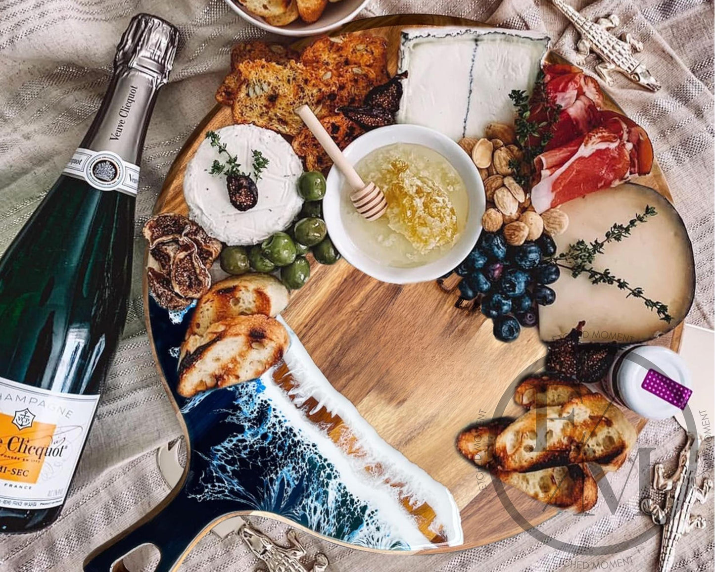 Acacia Wood  Resin Ocean Serving Board  Personalized Engraved Cheese Board  Custom Charcuterie Wedding Gift