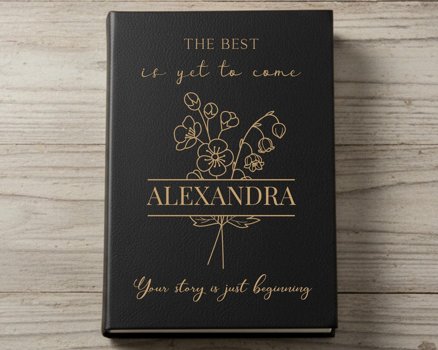 The image is a book cover with a black background and gold text. The title of the book is "The Best is yet to Come" and the author's name is "ALEXANDRA". The cover also includes a quote that says "Your story is just beginning".