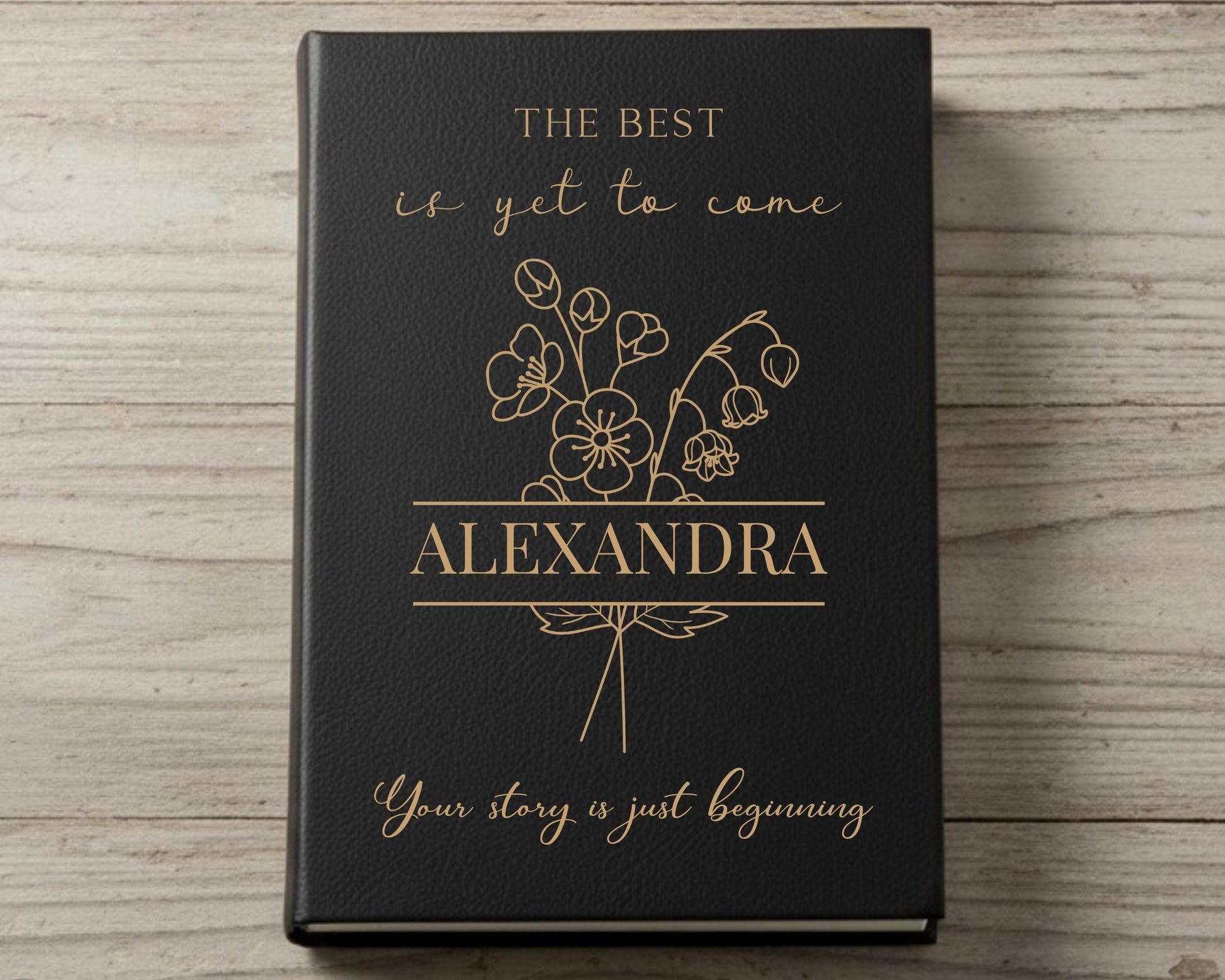The image is a book cover with a black background and gold text. The title of the book is "The Best is yet to Come" and the author's name is "ALEXANDRA". The cover also includes a quote that says "Your story is just beginning".