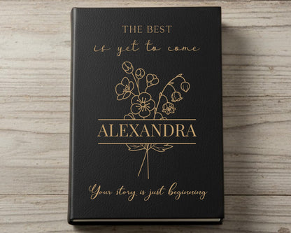 The image is a book cover with a black background and gold text. The title of the book is "The Best is yet to Come" and the author's name is "ALEXANDRA". The cover also includes a quote that says "Your story is just beginning".