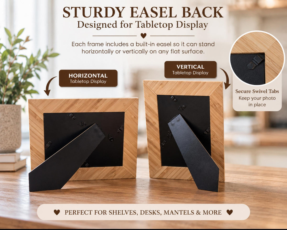 two wooden picture frames, one designed for a tabletop display and the other for a vertical tabletop display. The frames have a sturdy, built-in back that allows them to stand horizontally or vertically on any flat surface. The image also includes a close-up view of the back of the frame, highlighting the secure swivel tabs that keep the photo in place. The image is described as perfect for shelves, desks, mantels, and more, indicating that these frames can be used in various settings.