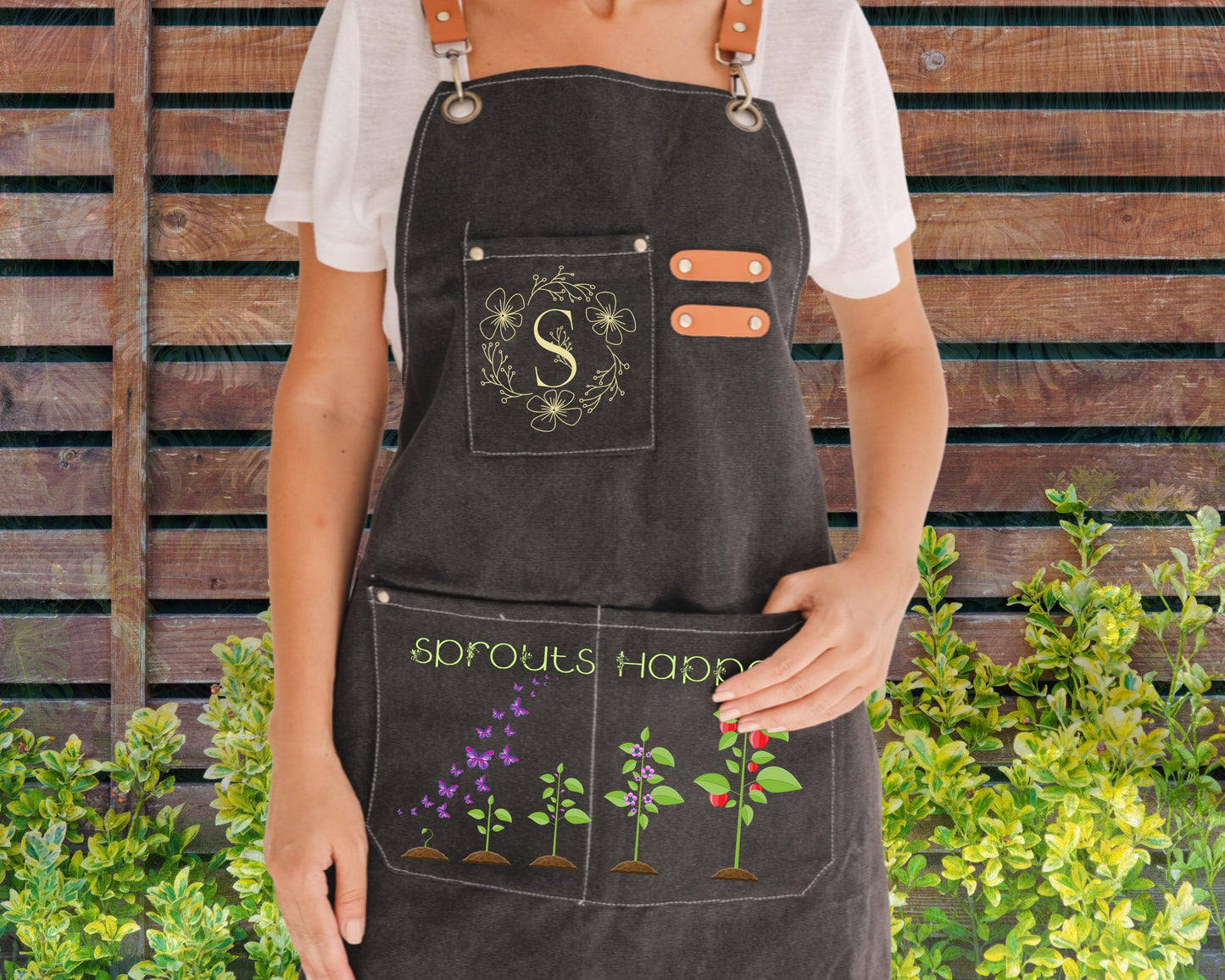 Personalized "Sprouts Apron" Gardening Canvas Apron, Monogram Apron, Gardening Apron with Adjustable Straps, Garden Apron with Pockets