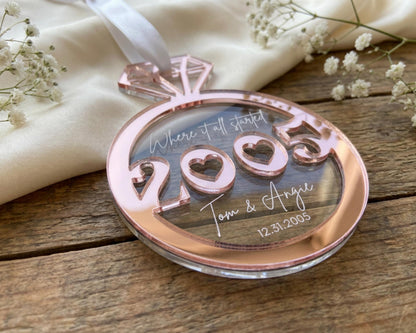 A decorative object with a clear glass surface, featuring the text "Where it all started" and "Tom & Ange" along with the date "12.31.2005". The object is placed on a wooden surface, surrounded by white flowers.